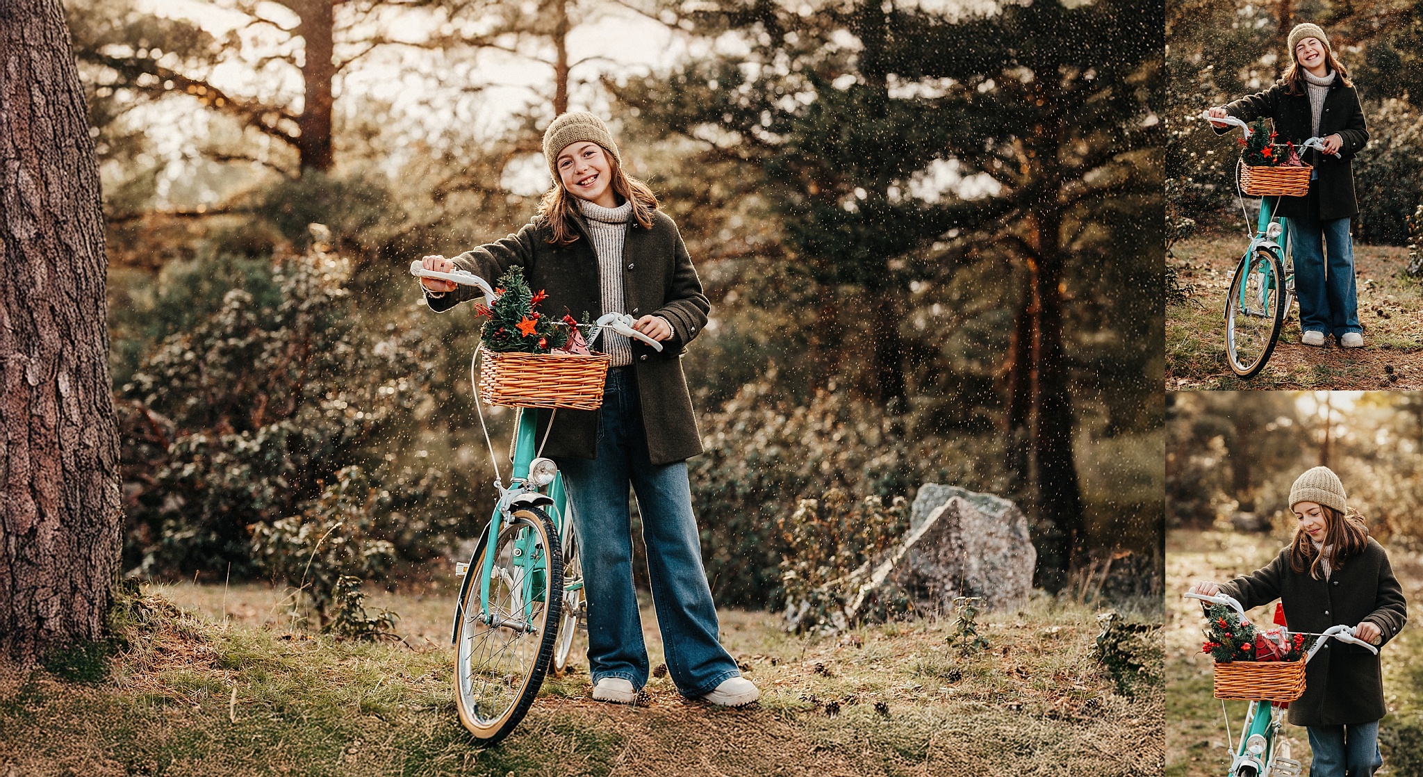 Sesión de fotos de navidad con una bici vintage en exteriores.