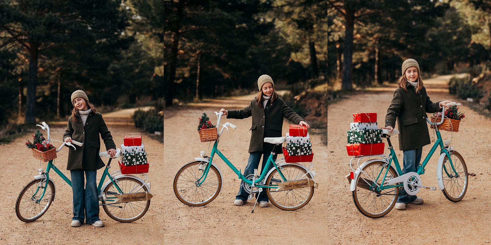 Sesión de fotos de navidad con una bici vintage en exteriores.